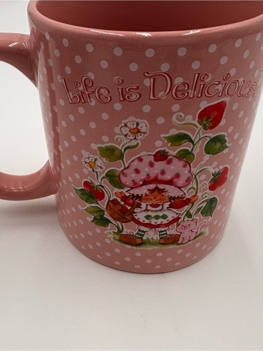 Strawberry Shortcake Cat Custard 16oz "Life Is Delicious" Ceramic Mug Pink 2025